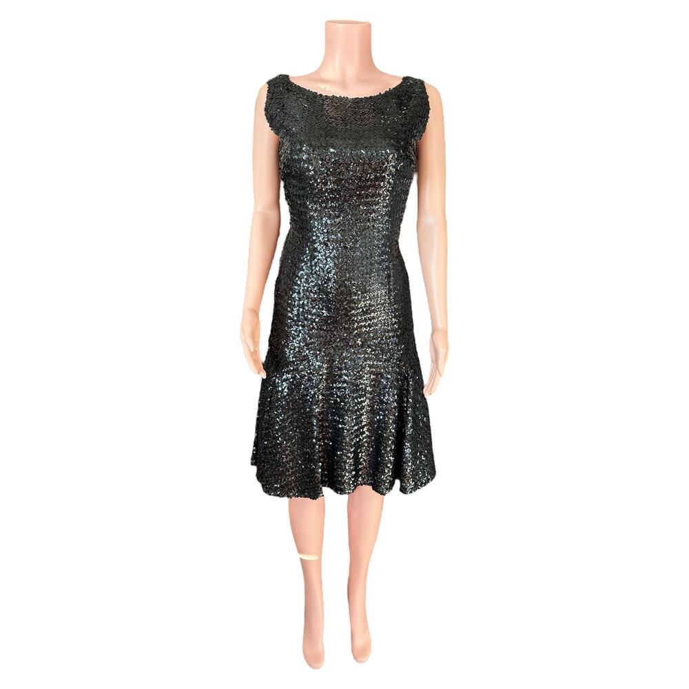 Vintage 1960s Frances Prisco Black Sequin Fit & Flare Cocktail Dress Size Large
